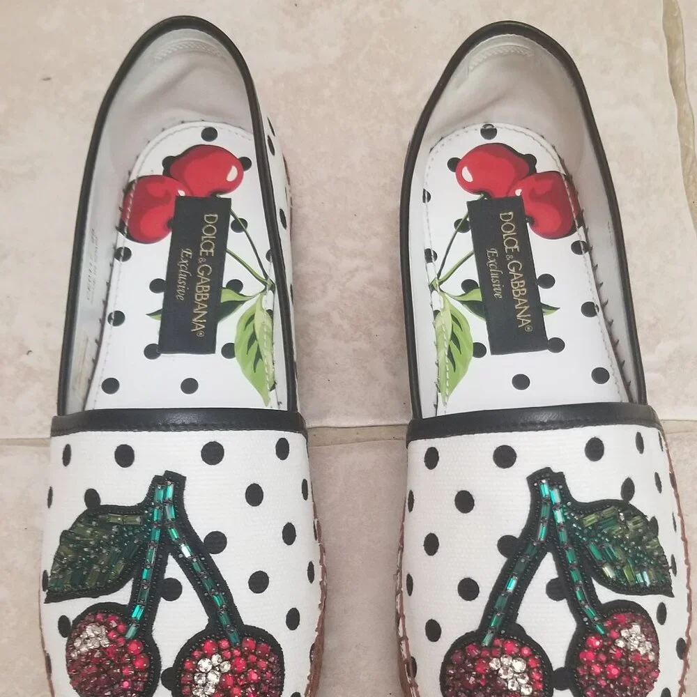 RARE EXCLUSIVE DOLCE & GABBANA CHERRY POLKA DOT EMBELLISHED ESPADRILLES FLATS